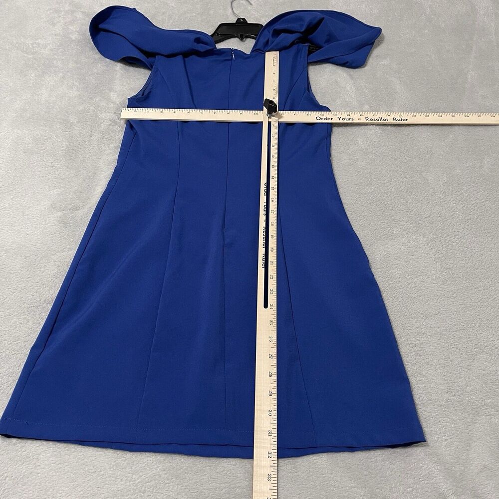 Mini Dress Womens Medium Royal Blue Flutter Gathered Sleeve Round Neck Belt - Picture 6 of 9
